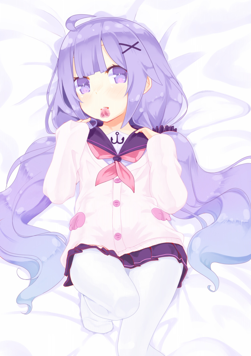 1girl ahoge azur_lane bangs bed_sheet blush hair_ornament hair_scrunchie heart highres hujikok long_hair long_sleeves looking_at_another lying mouth_hold neckerchief no_shoes nose_blush on_back pantyhose pleated_skirt purple_eyes purple_hair scrunchie skirt solo twintails unicorn_(amusement_park_date)_(azur_lane) unicorn_(azur_lane) white_legwear x_hair_ornament