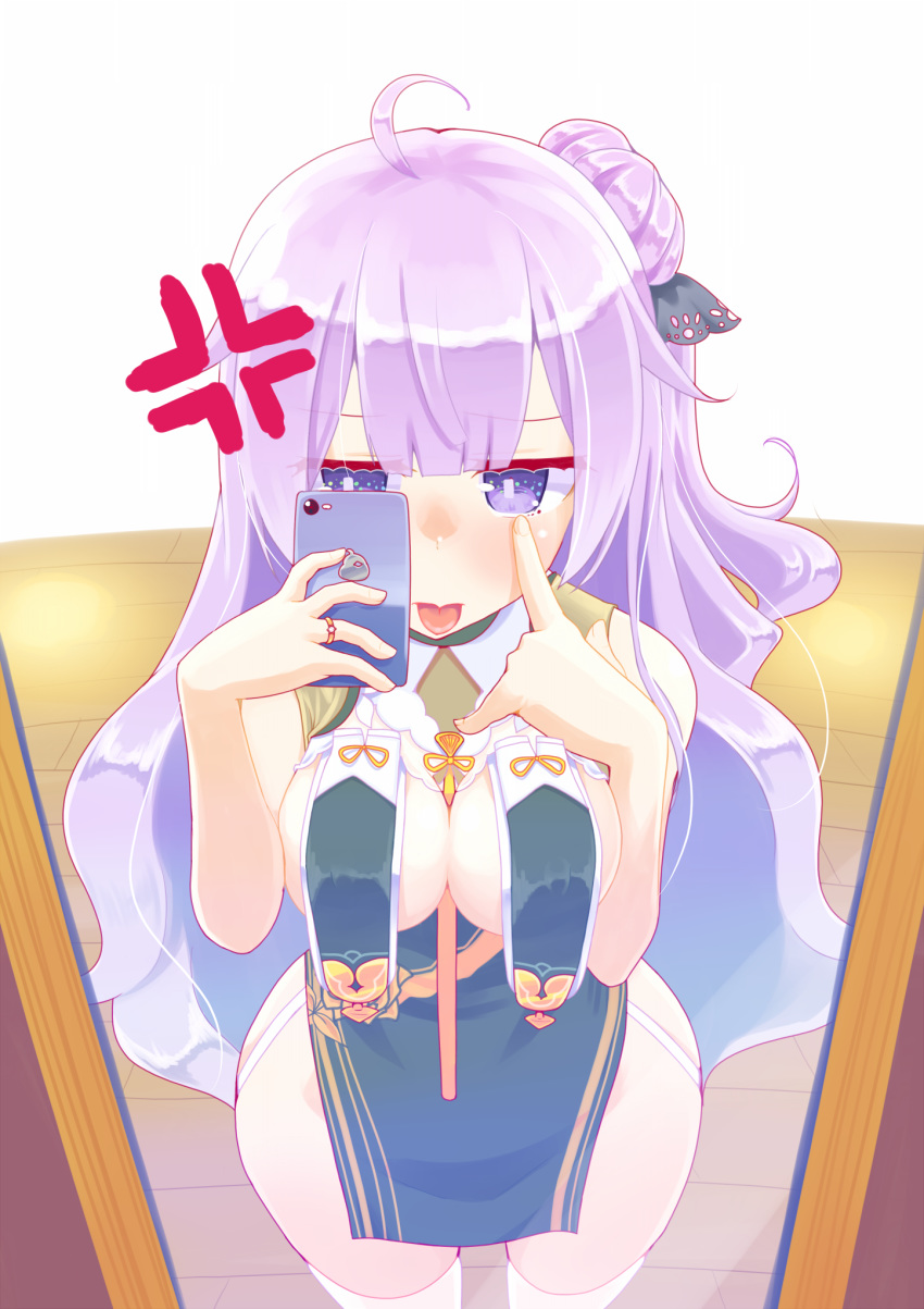 1girl ahoge anger_vein azur_lane bangs bare_arms between_breasts breast_curtains breasts commentary_request cosplay eyebrows_visible_through_hair finger_to_eye garter_straps hair_bun highres holding holding_phone hujikok jewelry long_hair medium_breasts mirror neckwear_between_breasts pelvic_curtain phone purple_eyes purple_hair reflection revealing_clothes ring self_shot side_bun sirius_(azur_lane) sirius_(azur_lane)_(cosplay) sirius_(azure_horizons)_(azur_lane) sleeveless solo standing thighhighs tongue tongue_out unicorn_(azur_lane) white_legwear wide_hips