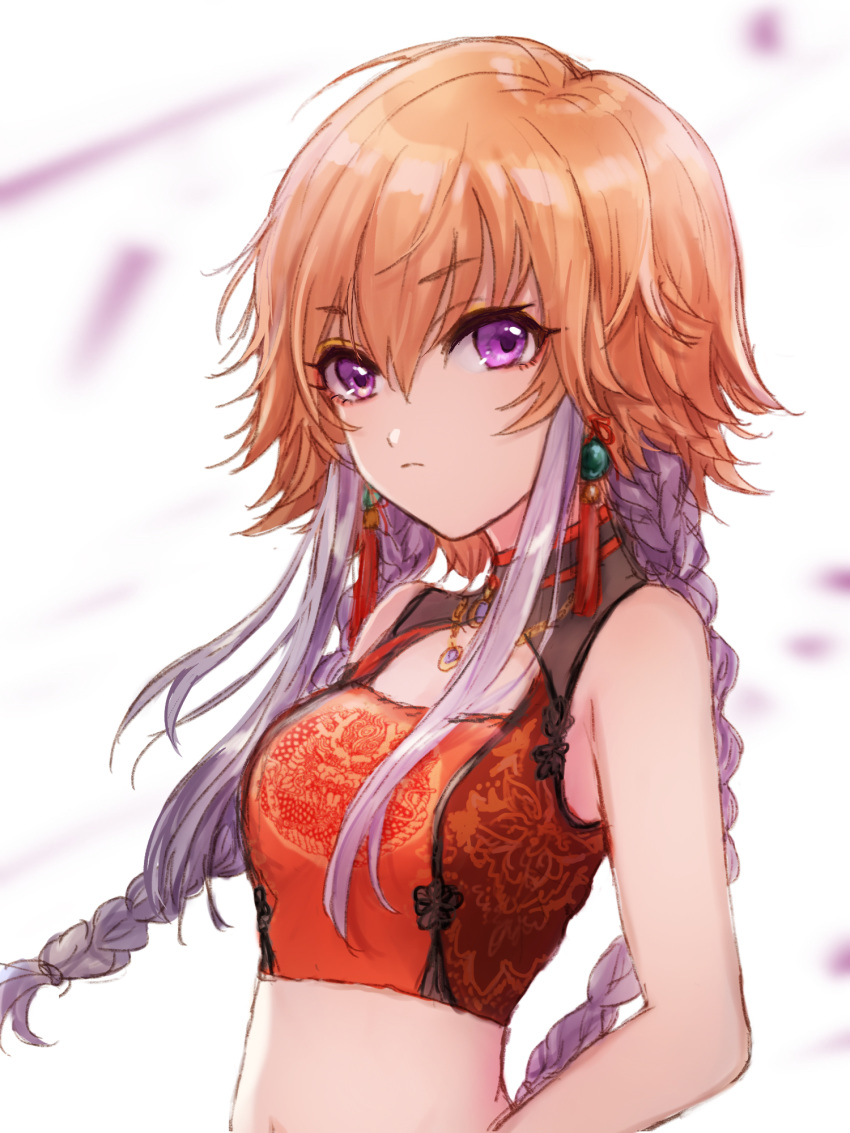 1girl bare_arms bare_shoulders blurry braid breasts closed_mouth crop_top hair_between_eyes highres idolmaster idolmaster_cinderella_girls kuromitsu_maria looking_at_viewer medium_breasts midriff multicolored_hair ninomiya_asuka orange_hair purple_eyes purple_hair red_shirt shirt sleeveless sleeveless_shirt sleeveless_turtleneck solo tassel turtleneck twin_braids twintails two-tone_hair upper_body white_background