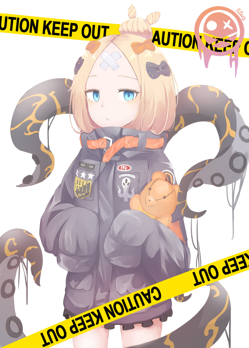 1girl abigail_williams_(fate/grand_order) absurdres bandaid_on_forehead bangs black_bow black_jacket blonde_hair blue_eyes bow breasts caution_tape crossed_bandaids fate/grand_order fate_(series) forehead hair_bow hair_bun heroic_spirit_traveling_outfit high_collar highres jacket keep_out long_hair multiple_bows object_hug orange_belt orange_bow parted_bangs polka_dot polka_dot_bow pupeng sleeves_past_fingers sleeves_past_wrists small_breasts solo stuffed_animal stuffed_toy teddy_bear tentacles thighs white_background