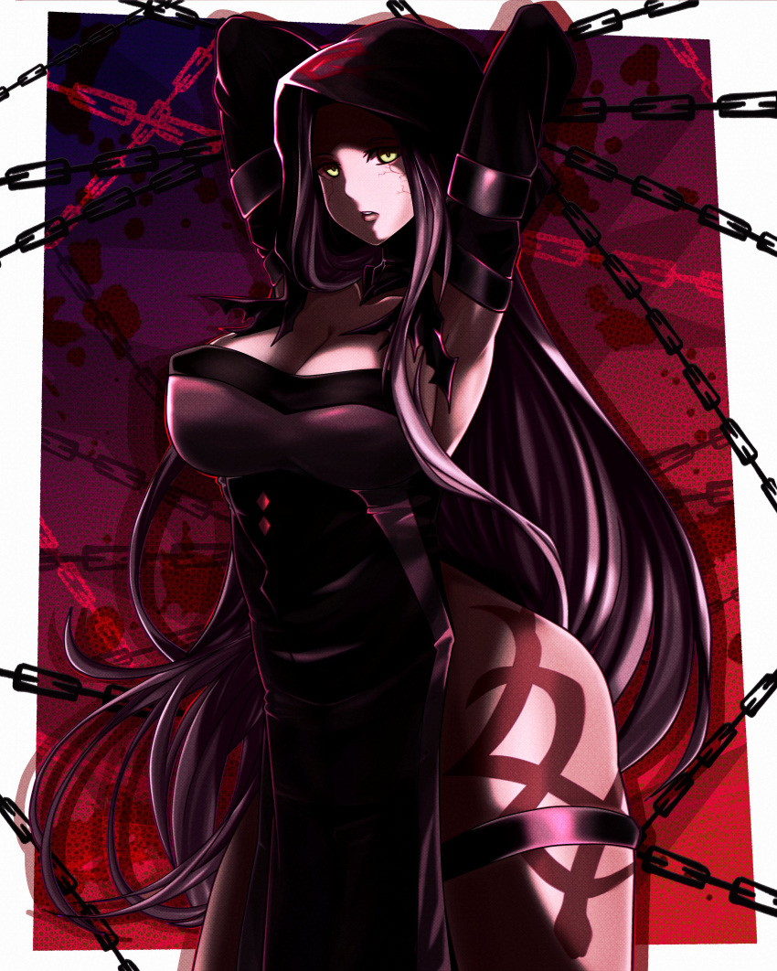 1girl absurdres alter_servant black_dress breasts cape chain cleavage cloak demonx20 dress fate/grand_order fate/stay_night fate_(series) highres holding hood hooded_cape hooded_cloak large_breasts leg_tattoo long_hair looking_at_viewer medusa_(lancer)_(fate) medusa_(lancer_alter)_(fate) petrification purple_hair rider solo tattoo thighhighs very_long_hair yellow_eyes