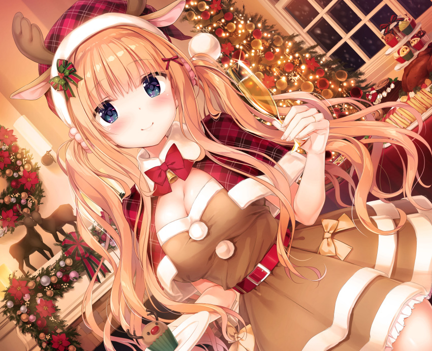 animal_ears bell blue_eyes blush bow breasts cake cape christmas cleavage cosplay cropped date_situation_zukan dress drink flowers food hat horns kimishima_ao long_hair orange_hair saijo_melia santa_hat tree twintails