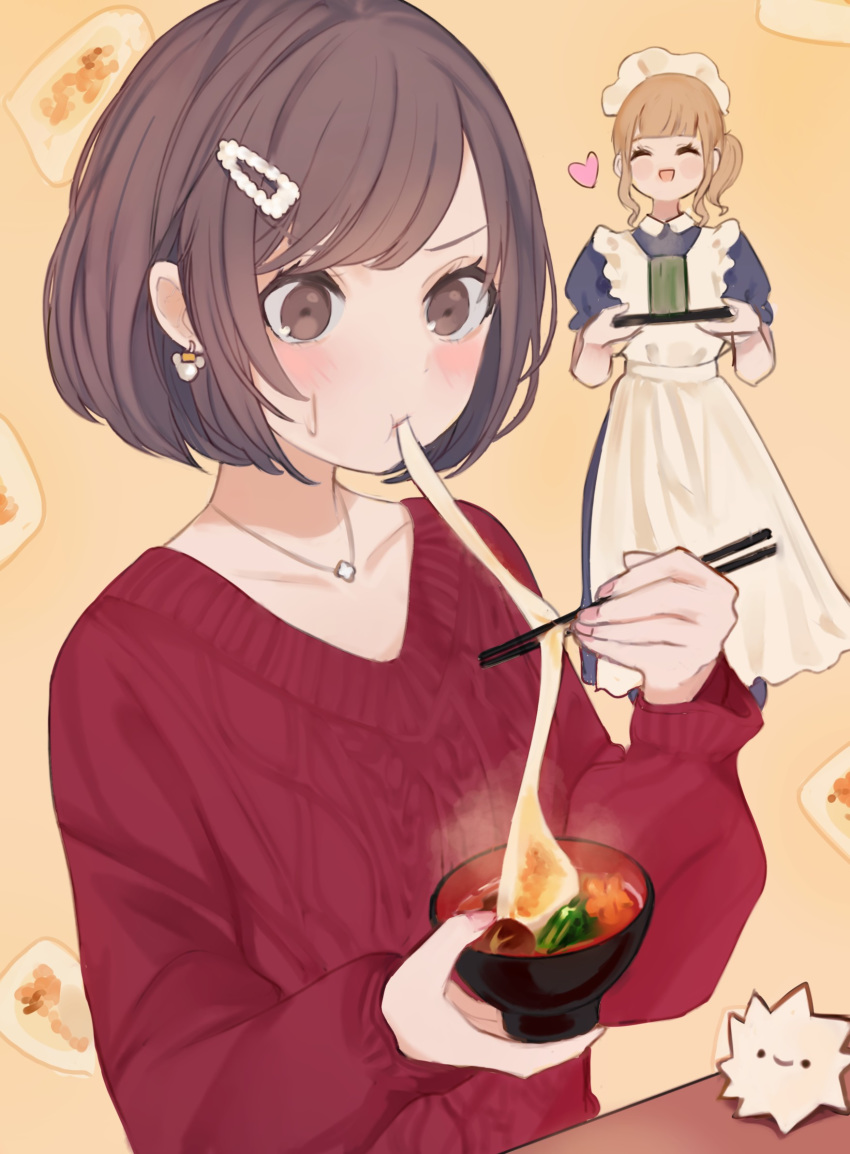 1girl 2girls bangs blonde_hair blunt_bangs blush blush_stickers bowl brown_eyes brown_hair cable_knit chopsticks closed_eyes collarbone cup earrings eating fingernails hair_ornament hairclip happy_new_year heart highres holding holding_bowl holding_chopsticks holding_plate jewelry long_fingernails long_hair maid maidenhead mochi multiple_girls necklace new_year open_eyes open_mouth original pink_nails plate red_sweater short_hair smile standing steam sweat sweater tokiwata_soul w
