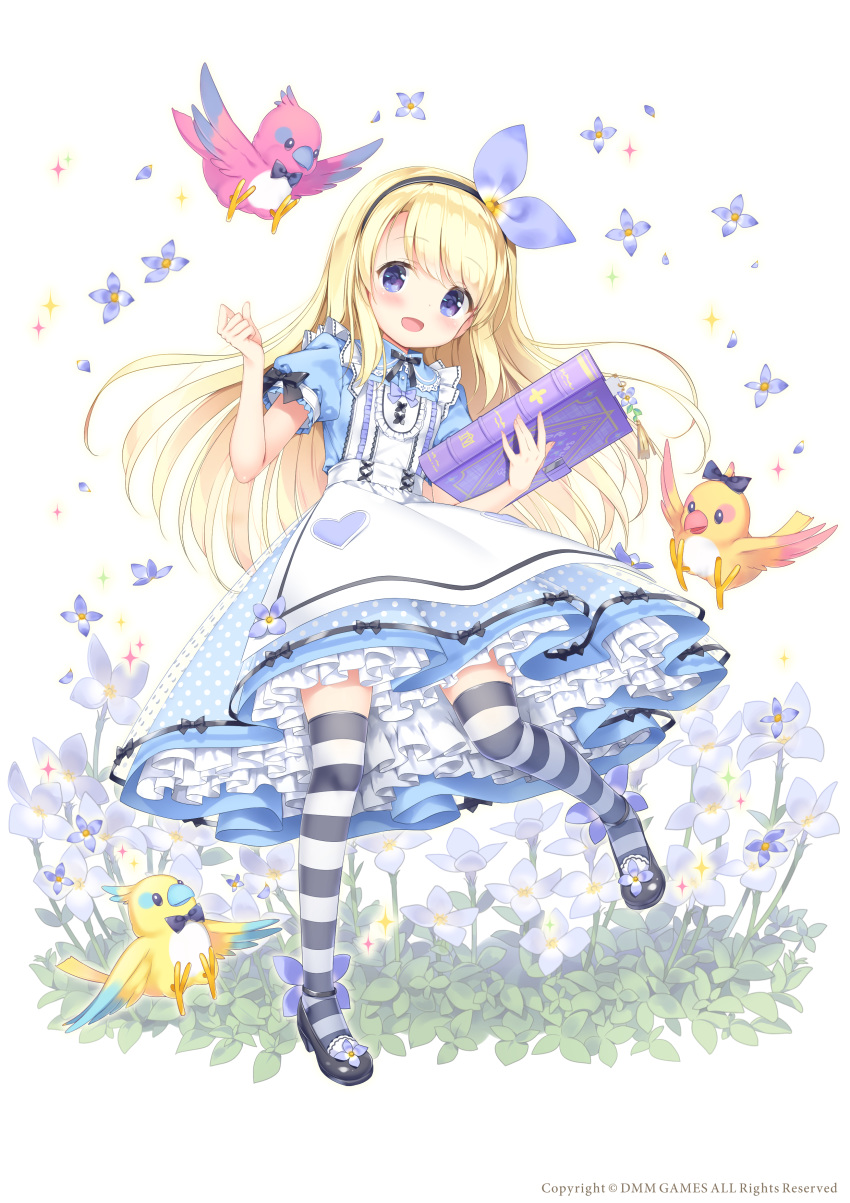 1girl :d absurdres animal apron bangs bird black_footwear black_hairband black_neckwear blonde_hair blue_dress blue_eyes blue_flower blush book bow bowtie character_request commentary_request dress eyebrows_visible_through_hair flower flower_knight_girl frilled_apron frills full_body hairband hand_up highres holding holding_book kimishima_ao long_hair open_mouth petticoat polka_dot puffy_short_sleeves puffy_sleeves shoe_flower shoes short_sleeves smile solo sparkle standing standing_on_one_leg strappy_heels striped striped_legwear thighhighs very_long_hair watermark white_apron white_background
