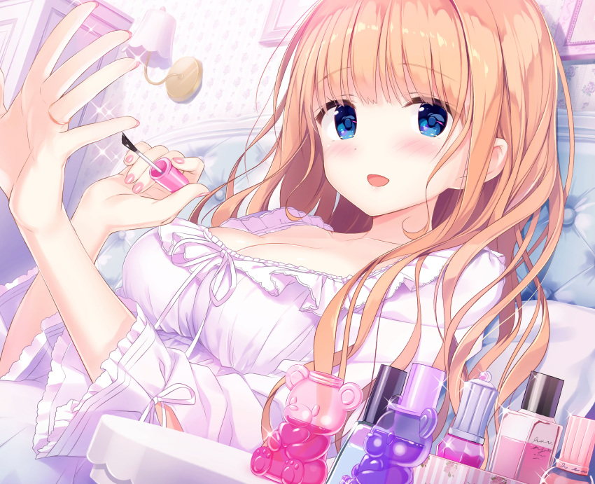 bed blue_eyes blush breasts cleavage cropped date_situation_zukan kimishima_ao long_hair orange_hair saijo_melia