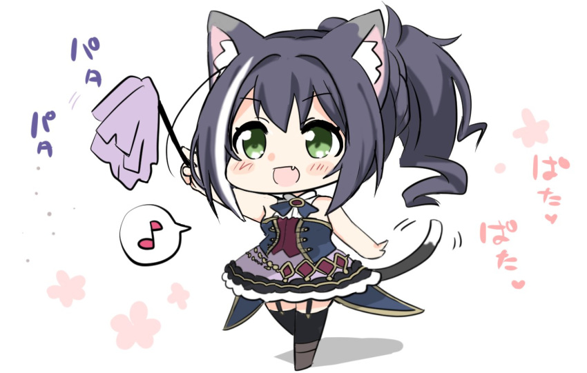 1girl :d animal_ear_fluff animal_ears bangs bare_arms bare_shoulders black_legwear blush_stickers boots braid brown_footwear cat_ears cat_girl cat_tail chibi commentary_request duster dusting eighth_note eyebrows_visible_through_hair fang floral_background full_body garter_straps green_eyes hair_between_eyes hizuki_yayoi holding kyaru_(princess_connect) multicolored_hair musical_note no_detached_sleeves open_mouth ponytail princess_connect! princess_connect!_re:dive purple_skirt shadow shirt skirt sleeveless sleeveless_shirt smile solo spoken_musical_note standing streaked_hair tail thighhighs translation_request white_background white_hair white_shirt