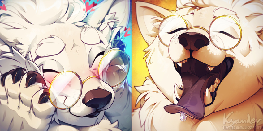 2:1 ambiguous_gender blush canid canine canis claws digital_media_(artwork) domestic_dog eyes_closed fur hair kyander mammal open_mouth pawpads paws signature simple_background smile solo teeth tongue tongue_out white_body white_fur white_hair