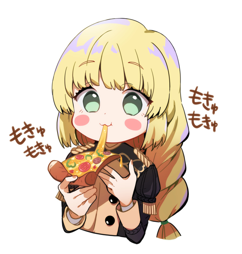 1girl :3 :t bangs black_jacket blonde_hair blush_stickers braid closed_mouth cropped_torso eating eyebrows_visible_through_hair fire_emblem fire_emblem:_three_houses food garreg_mach_monastery_uniform green_eyes highres holding holding_food ingrid_brandl_galatea jacket long_hair long_sleeves looking_at_viewer oroshipon_zu pizza simple_background slice_of_pizza solo translation_request uniform upper_body white_background