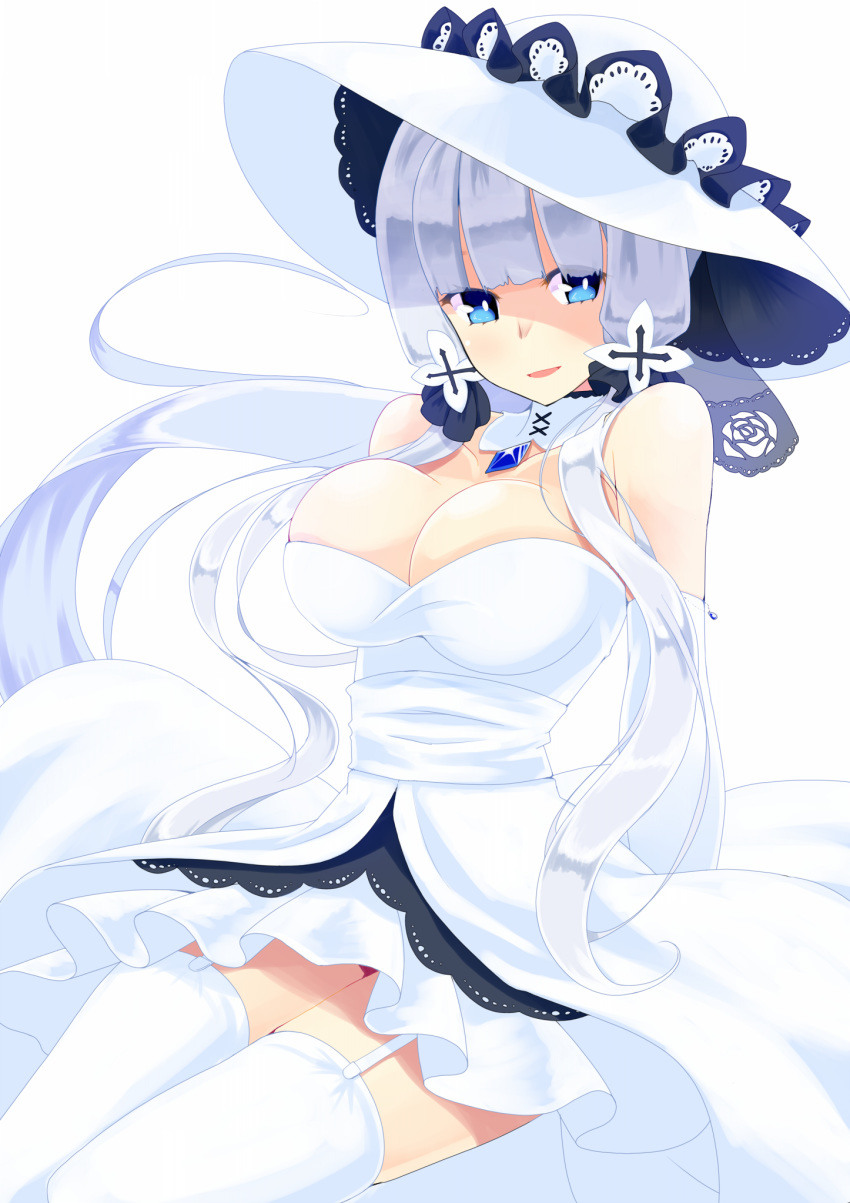 1girl azur_lane bangs bare_shoulders blue_eyes blunt_bangs breasts cleavage commentary cowboy_shot detached_collar dress elbow_gloves floating_hair garter_straps gloves hat highres hujikok illustrious_(azur_lane) jewelry large_breasts long_hair looking_at_viewer off-shoulder_dress off_shoulder open_mouth pendant silver_hair simple_background smile solo sun_hat thighhighs thighs twintails white_background white_dress white_gloves white_headwear white_legwear