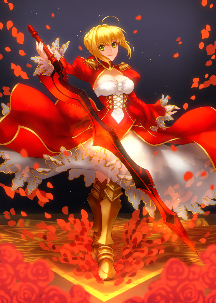 1girl absurdres ahoge armor armored_dress bangs blonde_hair blurry_foreground boots braid braided_bun breasts bustier cleavage closed_mouth dress eyebrows_visible_through_hair fate/extra fate_(series) floating_hair flower full_body green_eyes hair_between_eyes hair_intakes highres holding holding_sword holding_weapon kankitsurui_(house_of_citrus) knee_boots layered_dress long_dress long_sleeves looking_at_viewer medium_breasts nero_claudius_(fate) nero_claudius_(fate)_(all) red_flower red_rose rose shiny shiny_hair short_hair shrug_(clothing) sleeveless sleeveless_dress smile solo standing strapless strapless_dress sword weapon yellow_dress