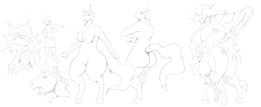 2019 anthro bottomwear breasts breath clothing equid equine female genitals gesture hair hi_res hooves horse human human_to_anthro leaning leaning_forward male mammal monochrome navel nipples nken nude open_mouth pointing pussy sequence simple_background skirt smile spanking species_transformation standing surprise tail_growth transformation white_background