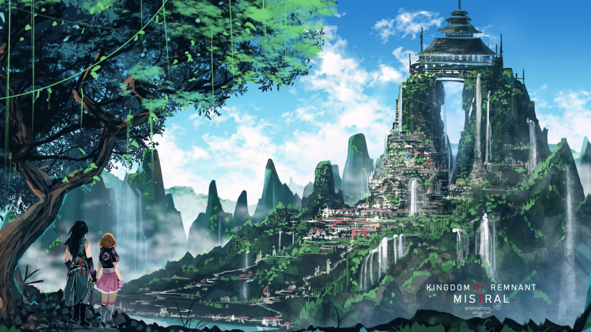 1boy 1girl anonamos architecture black_hair blue_sky boots cloud commentary commentary_request east_asian_architecture fingerless_gloves gloves highres holding_hands knee_boots lie_ren long_hair mountain nora_valkyrie partial_commentary pink_gloves pink_skirt rwby scenery skirt sky tree water waterfall