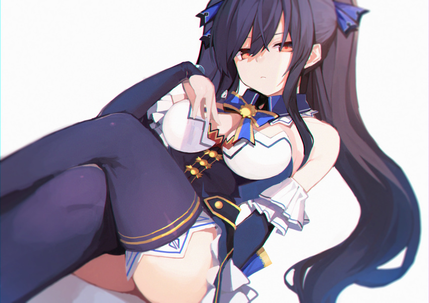 1girl absurdres bare_shoulders black_hair black_legwear blancpig_yryr breasts cleavage closed_mouth commentary detached_sleeves expressionless frilled_skirt frills hair_between_eyes hair_ornament hair_ribbon highres long_hair looking_at_viewer neptune_(series) noire red_eyes ribbon sitting skirt solo thighhighs twintails