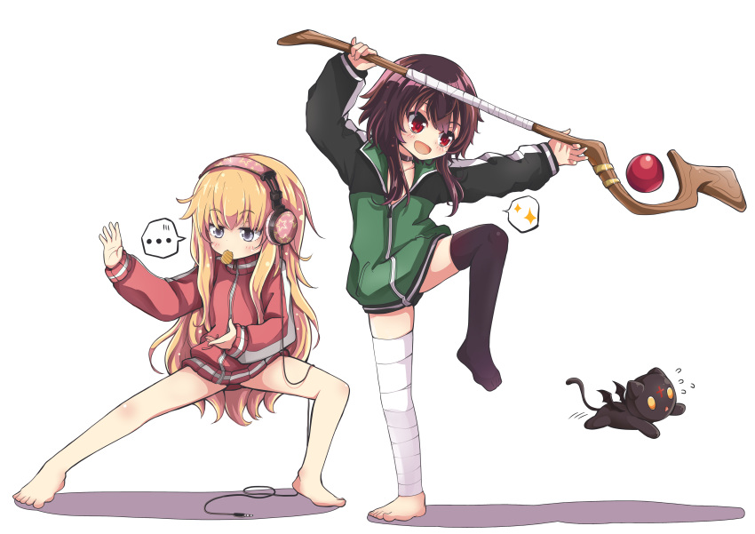 ... 2girls absurdres bandaged_leg bandages bare_legs barefoot blonde_hair cat chomusuke crossover gabriel_dropout grey_eyes headphones highres hood hoodie kono_subarashii_sekai_ni_shukufuku_wo! megumin messy_hair mismatched_legwear multiple_girls open_mouth purple_hair red_eyes single_thighhigh skirt staff tenma_gabriel_white thighhighs white_background xtacy