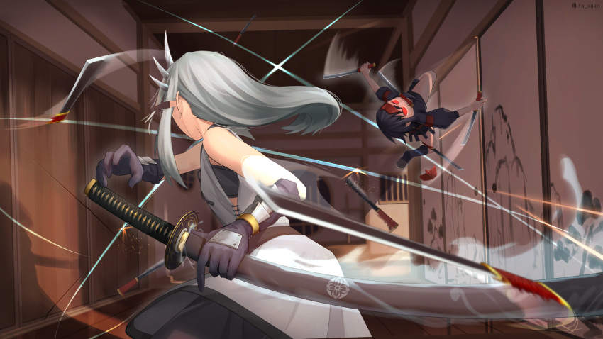 2girls commentary_request gloves glowing highres indoors katana kis_sako long_hair motion_blur mouth_hold multiple_girls ninja original red_eyes short_sword silver_hair sleeveless sword tantou weapon