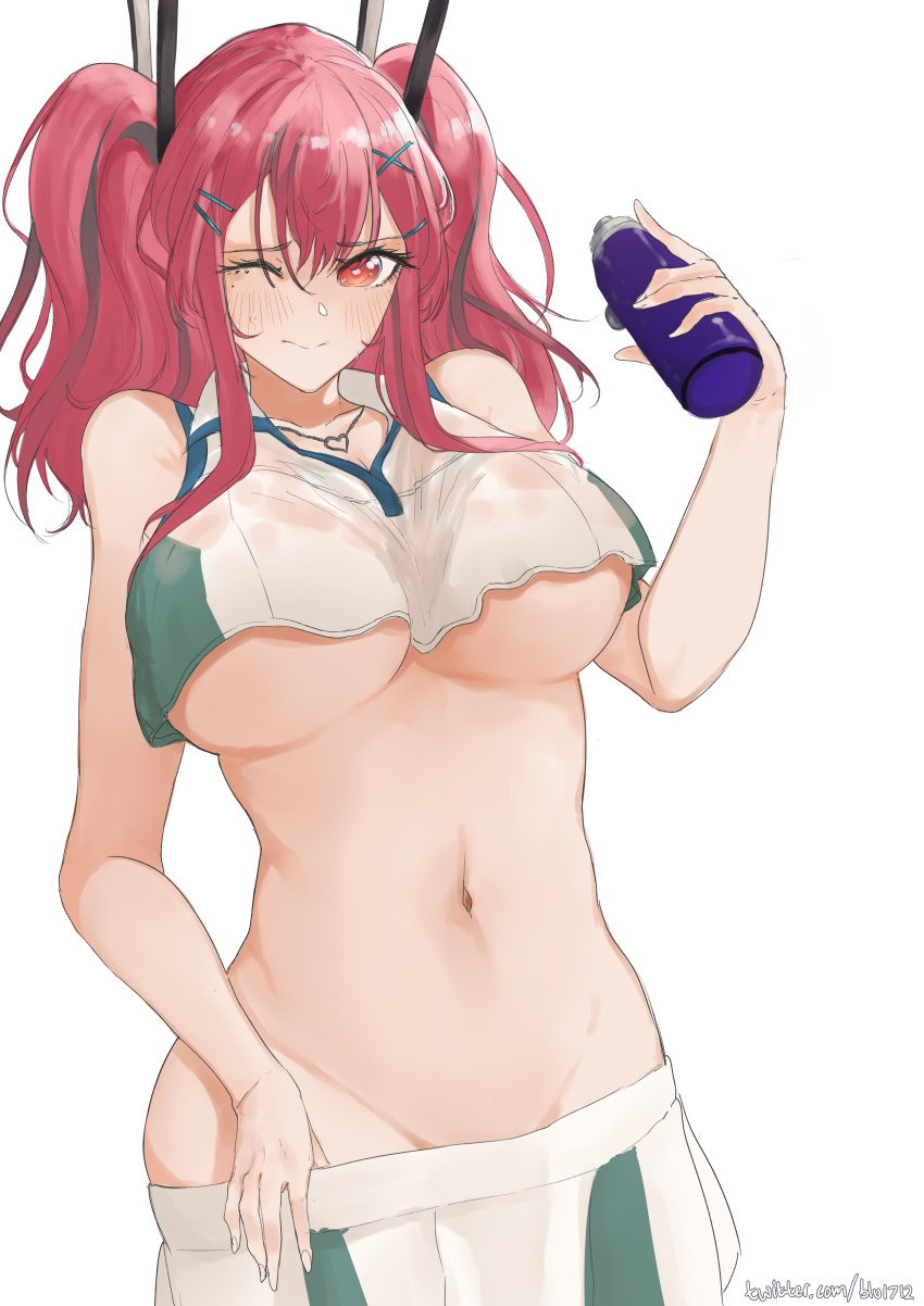1girl absurdres azur_lane blu_(1712) bottle breasts bremerton_(azur_lane) bremerton_(scorching-hot_training)_(azur_lane) commentary_request cowboy_shot crop_top crop_top_overhang hair_ornament heart heart_necklace highres large_breasts multicolored_hair navel one_eye_closed pink_eyes pink_hair see-through solo sportswear streaked_hair tennis tennis_uniform two-tone_shirt two-tone_skirt water_bottle wet wet_clothes white_background x_hair_ornament