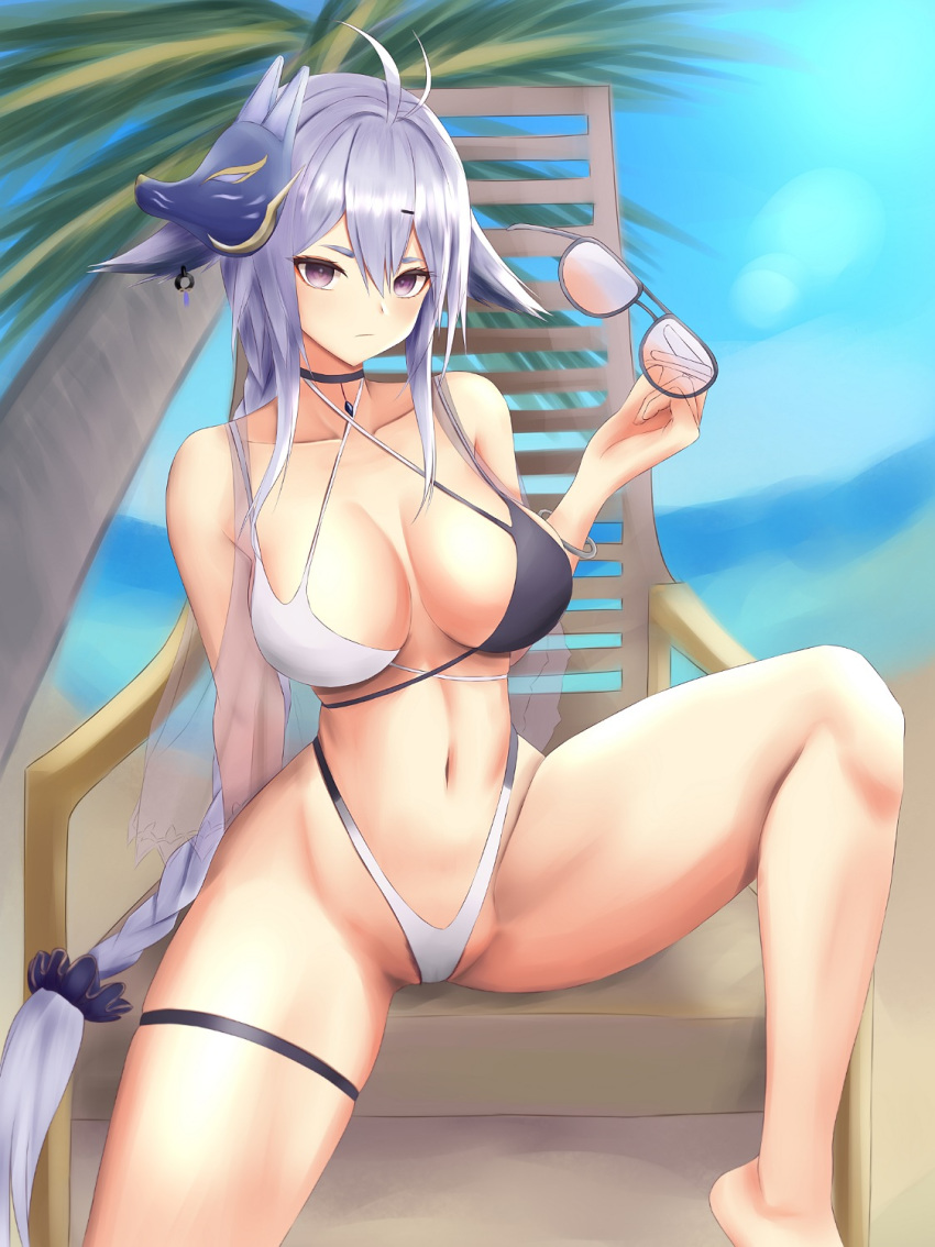 1girl animal_ears aviator_sunglasses azur_lane bare_shoulders beach bikini black_choker blue_sky breasts choker criss-cross_halter eyebrows_visible_through_hair fox_mask halterneck highleg highleg_bikini highres kdkaikai large_breasts long_hair looking_at_viewer mask mask_on_head navel ocean palm_tree sand sitting sky solo spread_legs sunglasses swimsuit tosa_(azur_lane) tosa_(hometown_zest)_(azur_lane) tree two-tone_bikini very_long_hair