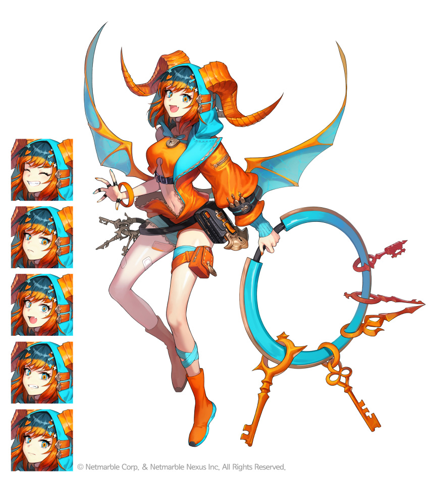 1girl :d absurdres ante_(seven_knights) belt belt_pouch blue_eyes boots chakram commentary crop_top curled_horns dragon_horns dragon_wings expressions fang highres holding hood hooded_jacket horns jacket key leg_belt lock long_sleeves looking_at_viewer loose_belt midriff navel official_art open_mouth orange_hair orange_jacket orange_shirt padlock pouch seven_knights shirt short_hair short_shorts shorts simple_background sleeveless sleeveless_shirt smile solo soyoong_jun stomach thighs weapon white_background wings