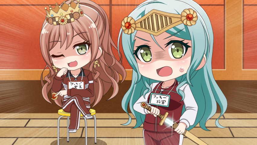 2girls ;3 ;d aqua_hair bang_dream! bangs bitten breasts brown_hair bunny_earrings checkerboard_cookie collarbone collared_jacket commentary_request cookie cowboy_shot crossed_legs crown earrings emphasis_lines eyebrows_visible_through_hair food food_themed_hair_ornament full_body glint green_eyes hair_between_eyes hair_ornament half_updo hand_on_own_chin helmet hikawa_sayo holding holding_food holding_sheath holding_sword holding_weapon imai_lisa indoors jewelry long_hair long_sleeves looking_at_viewer medium_breasts multiple_girls name_tag one_eye_closed open_mouth parody ponytail red_track_suit shaded_face shadow sheath shoes sidelocks sitting smile standing stool style_parody sweatdrop sword track_suit translation_request unsheathing v-shaped_eyebrows wall weapon white_footwear wooden_floor yoshino_yamato