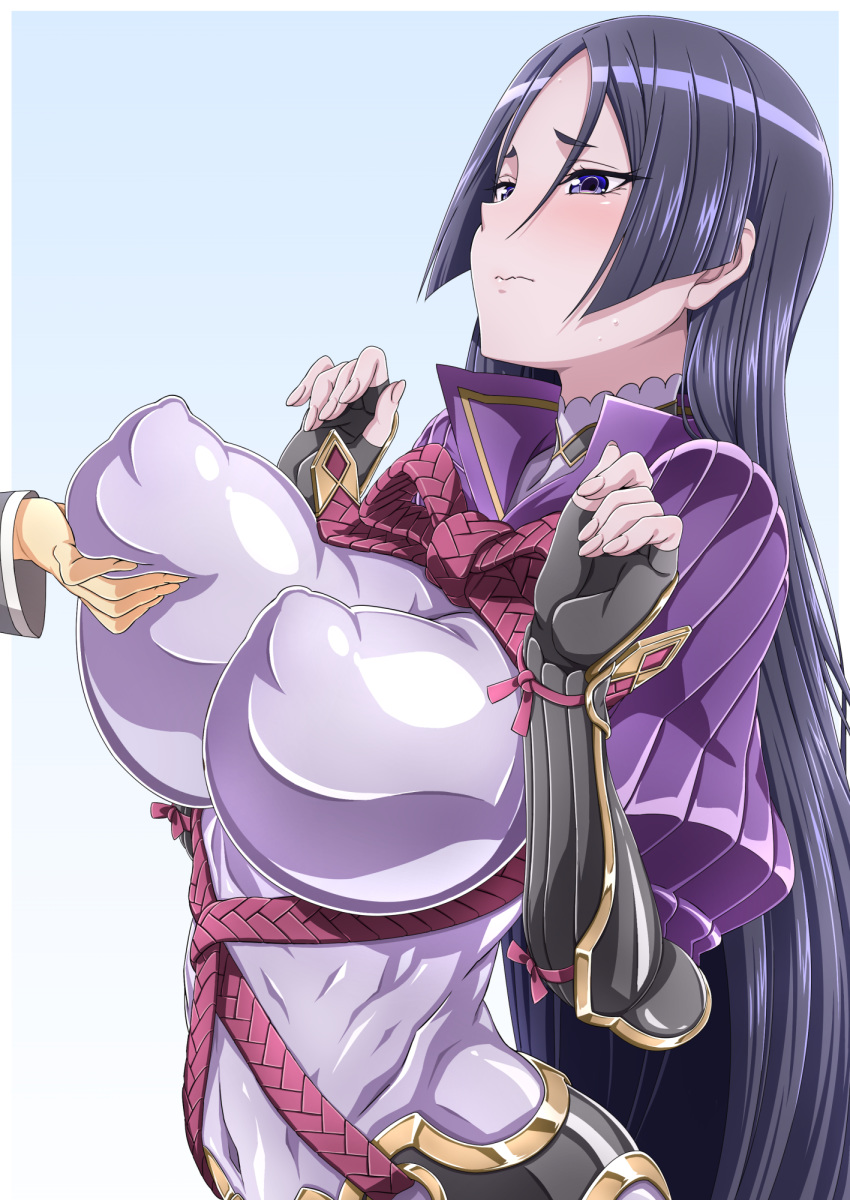 1girl armor black_gloves blue_eyes blush bodysuit breast_grab breasts covered_nipples fate/grand_order fate_(series) fingerless_gloves gloves goridou grabbing highres huge_breasts large_breasts long_hair minamoto_no_raikou_(fate/grand_order) purple_bodysuit purple_hair solo very_long_hair wavy_mouth white_background