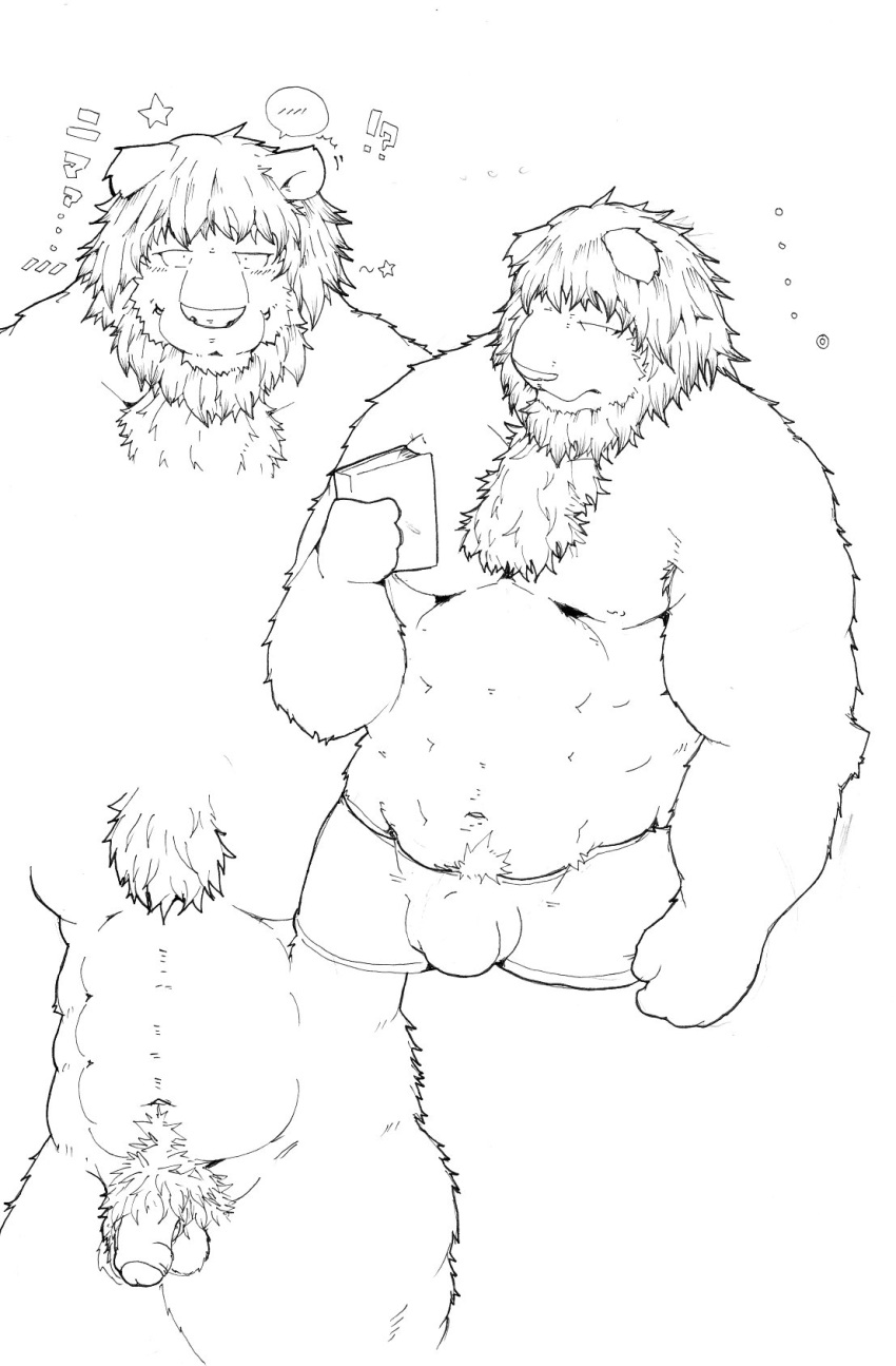 2013 anthro balls belly bulge clothing felid flaccid genitals hi_res humanoid_genitalia humanoid_hands humanoid_penis japanese_text kemono lion male mammal monochrome musclegut overweight overweight_male pantherine penis pubes simple_background solo suishou0602 text underwear white_background