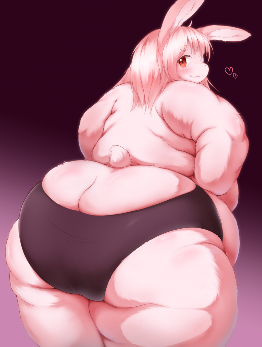 &lt;3 anthro big_butt black_background butt clothed clothing curvy_figure female fur gradient_background hair hands_on_hips hi_res huge_butt kemono lagomorph leporid long_ears looking_at_viewer looking_back mammal monotone_body monotone_fur monotone_hair obese obese_female overweight overweight_female pink_background pink_body pink_fur pink_hair rabbit radiowave rear_view red_eyes simple_background smile solo standing thick_thighs topless underwear voluptuous wide_hips