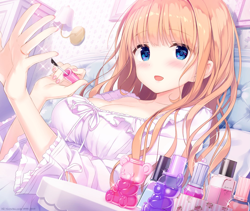 1girl :d absurdres bangs blue_eyes blush breasts brown_hair cleavage collarbone couch dress eyebrows_visible_through_hair highres holding indoors kimishima_ao long_hair long_sleeves looking_at_viewer medium_breasts nail_polish on_couch open_mouth original picture_frame pink_nails ribbon saijo_melia sitting smile solo sparkle table wall_lamp white_dress white_ribbon wide_sleeves