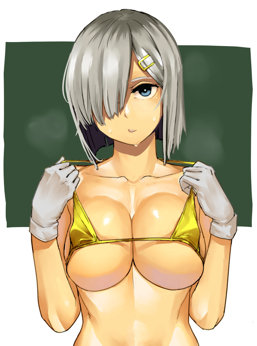 1girl absurdres aima_imoko0327 bare_shoulders bikini bikini_pull blue_eyes breast_press breasts collarbone commentary_request covered_nipples gloves hair_ornament hair_over_one_eye hairclip hamakaze_(kantai_collection) highres kantai_collection large_breasts looking_at_viewer micro_bikini parted_lips pulled_by_self short_hair silver_hair solo sweat swimsuit underboob upper_body white_gloves yellow_bikini