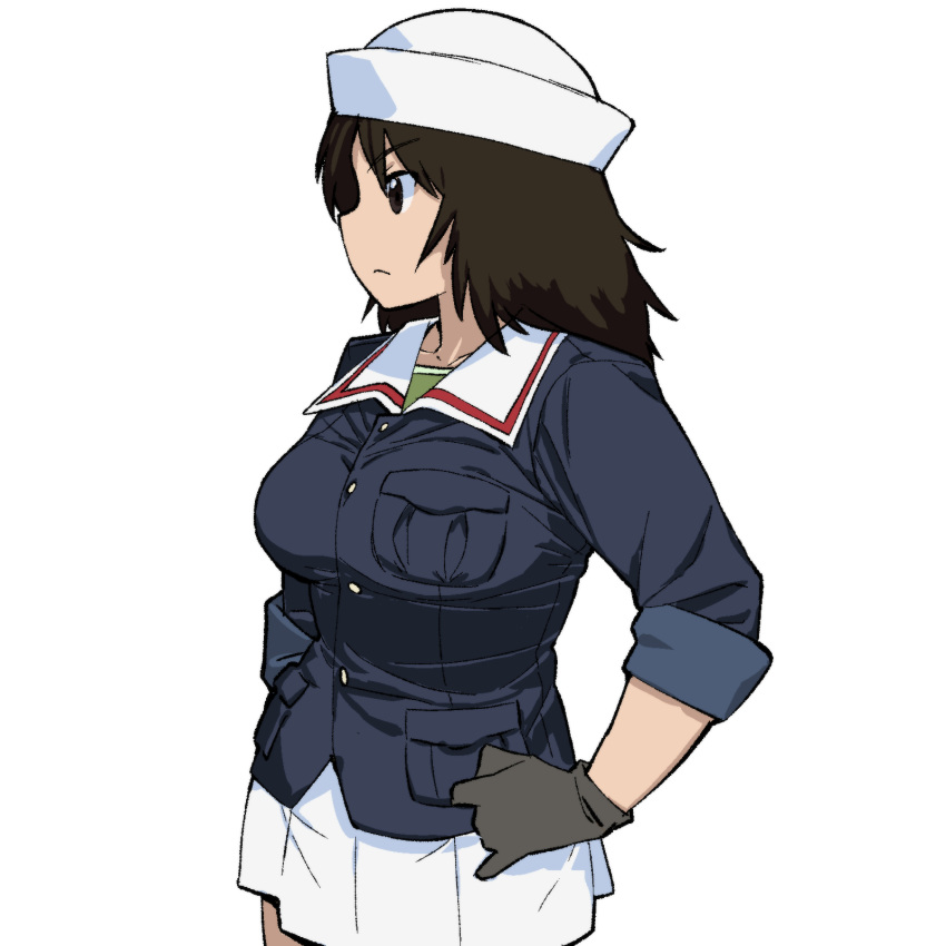 1girl bangs black_eyes black_gloves black_hair closed_mouth commentary dixie_cup_hat eyebrows_visible_through_hair girls_und_panzer gloves hands_on_hips hat highres light_frown long_hair looking_to_the_side military_hat murakami_(girls_und_panzer) onsen_tamago_(hs_egg) ooarai_military_uniform simple_background sleeves_rolled_up solo standing white_background white_headwear