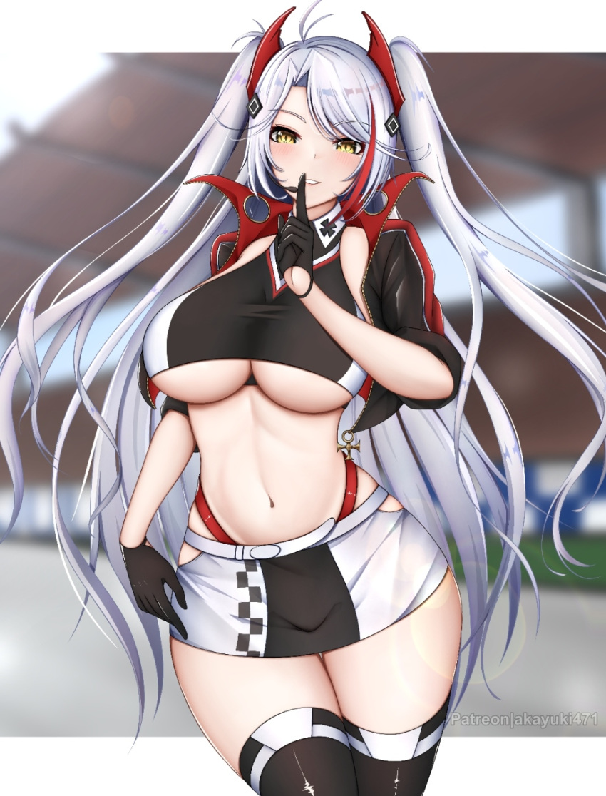 1girl akayuki471 antenna_hair azur_lane bangs belt black_gloves black_jacket black_legwear black_shirt black_skirt blurry blurry_background blush breasts collared_shirt cowboy_shot crop_top cropped_jacket cropped_shirt cross earpiece english_commentary eyebrows_visible_through_hair gloves hair_between_eyes half_gloves hand_up headgear highres index_finger_raised iron_cross jacket large_breasts lens_flare long_hair looking_at_viewer multicolored_hair navel official_alternate_costume open_clothes open_jacket panties panty_straps parted_bangs parted_lips patreon_username prinz_eugen_(azur_lane) prinz_eugen_(final_lap)_(azur_lane) race_queen racetrack red_hair red_panties shirt short_sleeves sidelocks silver_hair skindentation skirt sleeveless sleeveless_shirt smile solo standing stomach streaked_hair swept_bangs taut_clothes taut_shirt thigh_gap thighhighs two-tone_skirt two_side_up underboob underwear very_long_hair white_background white_belt white_skirt yellow_eyes zettai_ryouiki zipper zipper_pull_tab