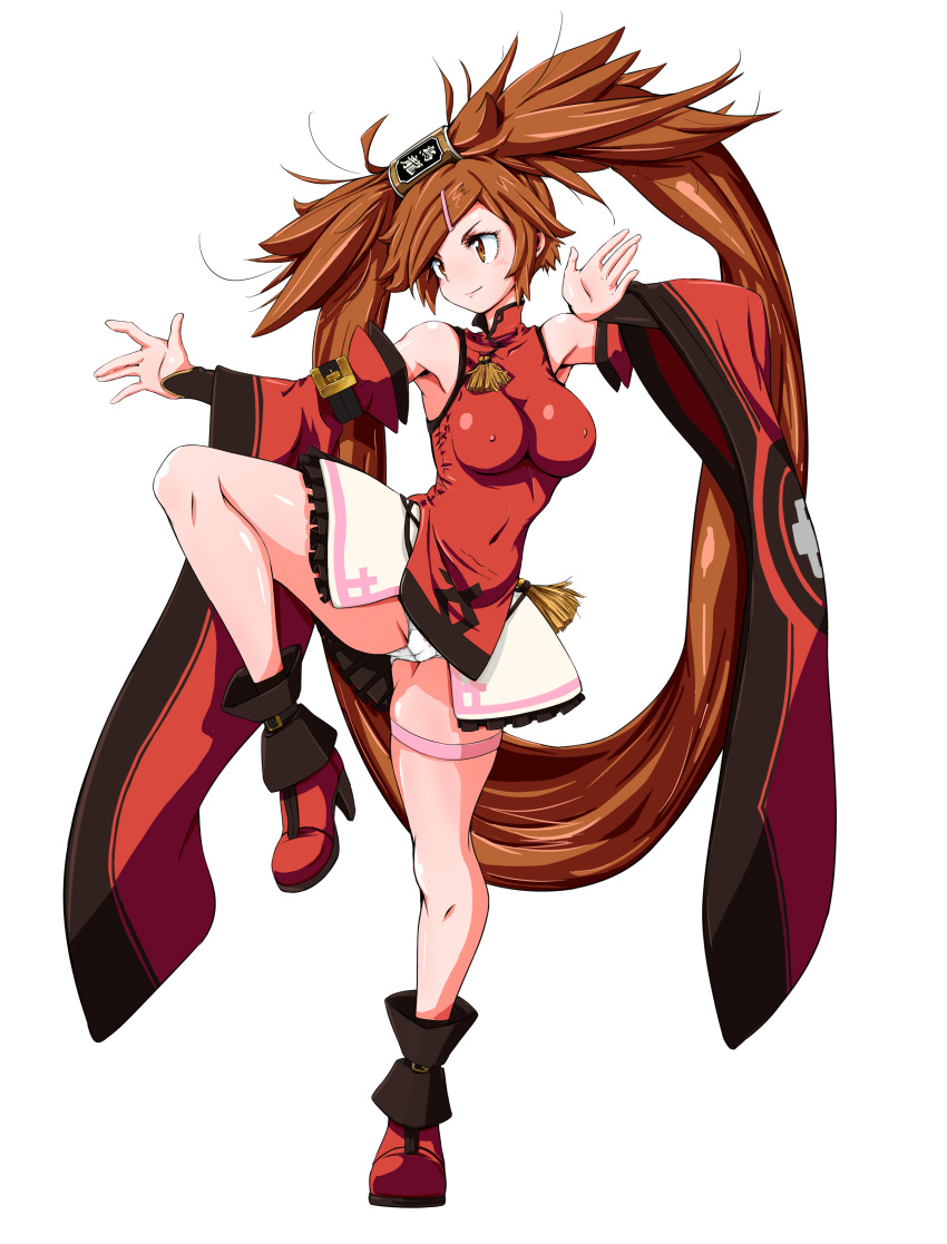 1girl absurdres bangs bare_shoulders boots breasts brown_eyes brown_hair china_dress chinese_clothes closed_mouth commentary_request covered_navel covered_nipples dress fighting_stance frills guilty_gear guilty_gear_xrd hair_ornament hairclip highres jam kuradoberi_jam leg_up long_hair medium_breasts musaki_(msaki666) panties pantyshot red_footwear shiny shiny_hair shiny_skin simple_background skirt sleeveless smile standing standing_on_one_leg thigh_strap underwear very_long_hair white_background white_panties wide_sleeves