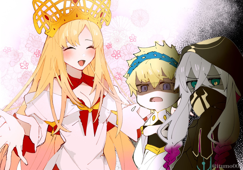 1girl 2boys asclepius_(fate/grand_order) blonde_hair castor_(fate/grand_order) chibi closed_eyes crossed_arms europa_(fate/grand_order) fate/grand_order fate_(series) floral_background highres hood itumo00 long_hair mask multiple_boys outstretched_arms shaded_face smile tiara twitter_username white_hair