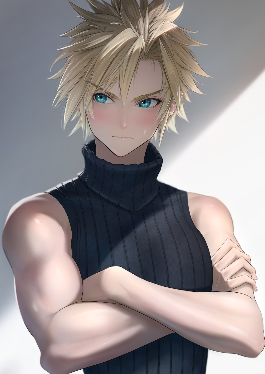 1boy biceps black_sweater blonde_hair blue_eyes blush cloud_strife crossed_arms final_fantasy final_fantasy_vii final_fantasy_vii_remake highres imizu_(nitro_unknown) looking_away male_focus ribbed_sweater shaded_face short_hair sleeveless sleeveless_turtleneck solo spiked_hair sweatdrop sweater turtleneck