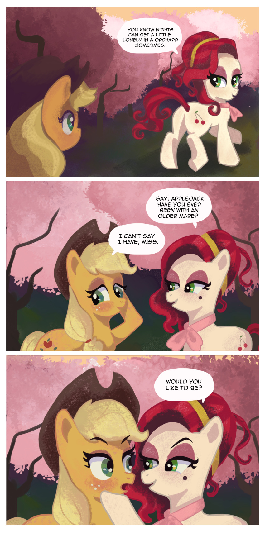 absurd_res age_difference applejack_(mlp) beauty_mark blush camaleao cherry_jubilee_(mlp) comic duo english_text equid equine female female/female feral freckles friendship_is_magic hi_res horse looking_back mammal mature_female my_little_pony older_female outside pony rear_view text tree younger_female