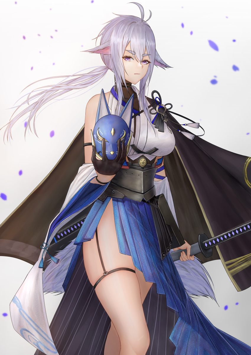 1girl absurdres animal_ears asymmetrical_clothes azur_lane bare_shoulders black_gloves blue_skirt breasts cape fluffy fox_mask gloves highres holding holding_sword holding_weapon large_breasts long_hair looking_at_viewer mask mask_removed multiple_tails petals purple_eyes sheath sheathed simple_background single_glove skirt sleeveless solo sword tail thigh_strap tosa_(azur_lane) weapon you