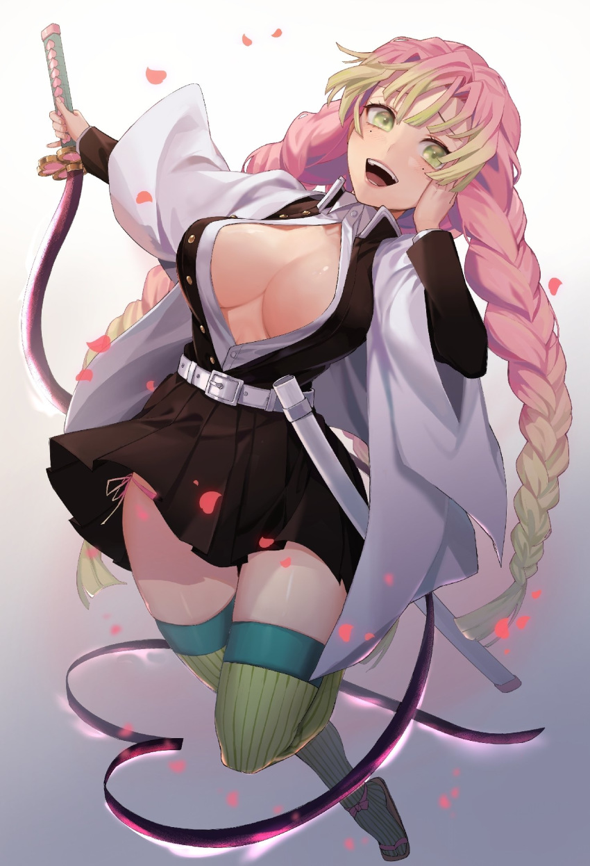 1girl black_jacket black_skirt braid breasts gradient_hair green_eyes green_hair highres holding holding_sword holding_weapon jacket kanroji_mitsuri kimetsu_no_yaiba large_breasts liyuchen1126 mole mole_under_eye multicolored_hair open_clothes open_mouth pink_hair pleated_skirt shiny shiny_skin shirt simple_background skirt solo sword weapon white_background white_shirt