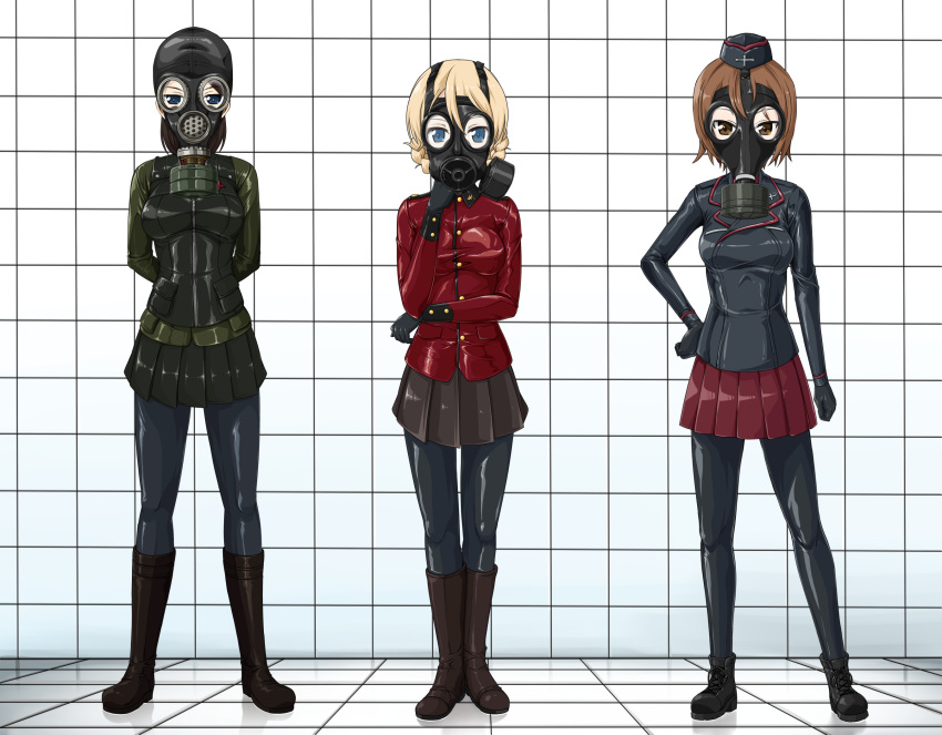 3girls adapted_costume arm_at_side arms_behind_back blonde_hair blue_eyes bodysuit bodysuit_under_clothes boots braid brown_eyes brown_hair commentary_request contrapposto darjeeling_(girls_und_panzer) epaulettes eyebrows_visible_through_hair garrison_cap gas_mask girls_und_panzer hair_between_eyes hand_on_hip hat highres kuromorimine_military_uniform latex latex_bodysuit legs_apart legs_together looking_at_viewer military military_uniform multiple_girls nishizumi_maho nonna_(girls_und_panzer) pravda_military_uniform shiny shiny_clothes short_hair skin_tight st._gloriana's_military_uniform tamakko twin_braids uniform zipper