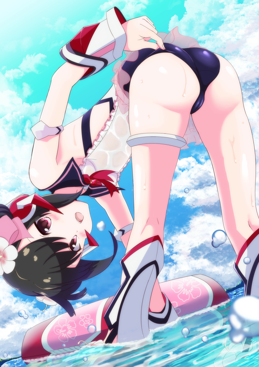 1girl ass bangs bent_over black_hair blunt_bangs blush flower frilled_swimsuit frills from_behind hair_flower hair_ornament highres kaden long_hair looking_at_viewer looking_back one-piece_swimsuit open_mouth outdoors pink_eyes senki_zesshou_symphogear shiny shiny_hair shiny_skin solo swimsuit tsukuyomi_shirabe twintails water wet wet_clothes