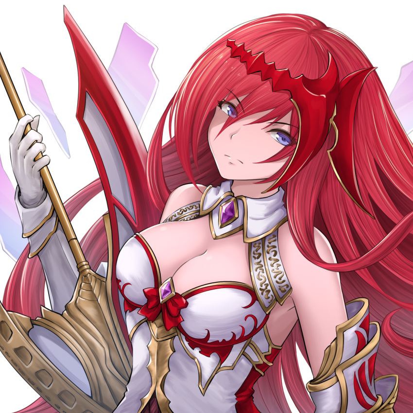 1girl armor bangs bare_shoulders bow breasts cleavage closed_mouth detached_collar elbow_gloves eyebrows_visible_through_hair gauntlets gloves godguard_brodia granblue_fantasy highres holding holding_weapon large_breasts long_hair looking_at_viewer purple_eyes red_bow red_hair simple_background solo upper_body weapon white_background white_gloves yuki7128