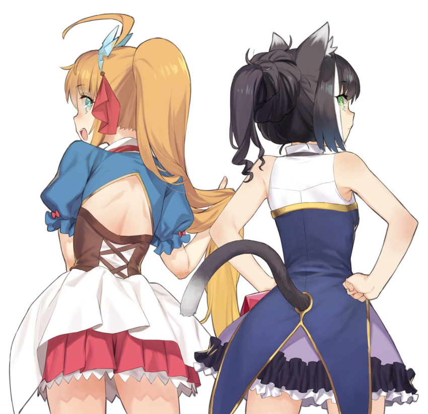 2girls 92m :d ahoge alternate_hairstyle animal_ear_fluff animal_ears aqua_eyes armpits bangs bare_arms bare_shoulders black_hair blush cat_ears cat_girl cat_tail closed_mouth cowboy_shot dress eyebrows_visible_through_hair frilled_dress frilled_sleeves frills from_behind green_eyes hand_in_hair hands_on_hips hands_up highres kyaru_(princess_connect) layered_dress looking_at_viewer looking_back multicolored_hair multiple_girls open_mouth orange_hair pecorine ponytail princess_connect! princess_connect!_re:dive puffy_short_sleeves puffy_sleeves purple_dress short_sleeves shrug_(clothing) simple_background smile streaked_hair tail tail_cutout tiara white_background white_hair
