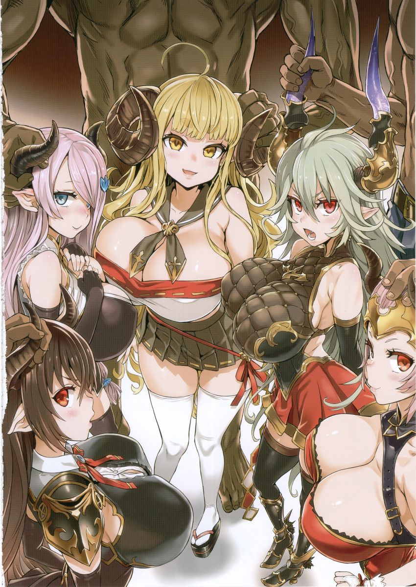 2boys 5girls absurdres aliza_(granblue_fantasy) anila_(granblue_fantasy) antenna_hair asanagi bare_shoulders bikini black_gloves blonde_hair breasts brown_hair circlet cleavage draph forte_(shingeki_no_bahamut) gloves granblue_fantasy hair_over_one_eye height_difference highres horn_grab horn_ornament horns huge_breasts huge_filesize lavender_hair long_hair looking_at_viewer multiple_boys multiple_girls narmaya_(granblue_fantasy) pink_hair pointy_ears sideboob simple_background size_difference skindentation skirt smile swimsuit thalatha_(granblue_fantasy) thick_thighs thighhighs thighs white_background white_bikini white_legwear