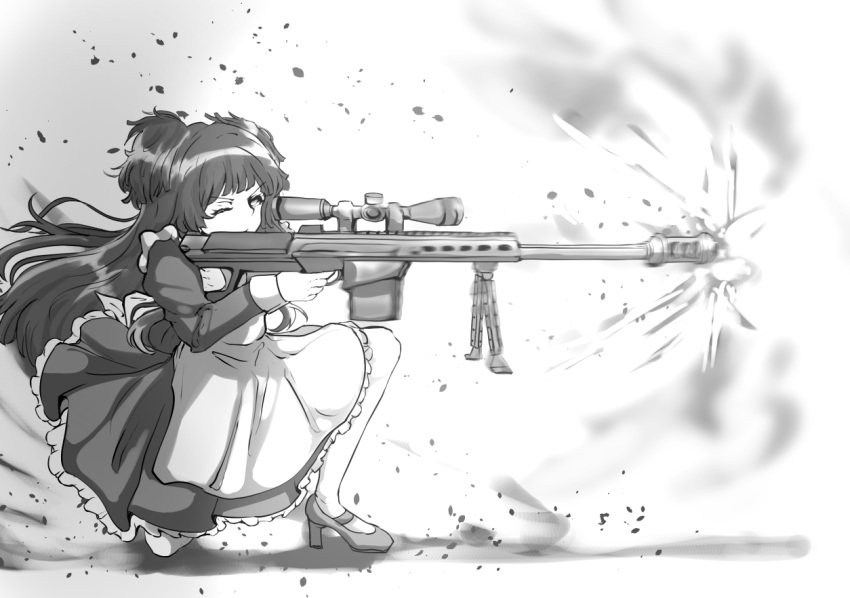 1girl anti-materiel_rifle apron bangs bipod blunt_bangs commentary_request debris greyscale gun idolmaster idolmaster_shiny_colors long_hair machismo_fuji maid maid_apron maid_dress mary_janes mayuzumi_fuyuko monochrome one_eye_closed one_knee recoil rifle scope shoes sniper_rifle solo suppressor two_side_up weapon