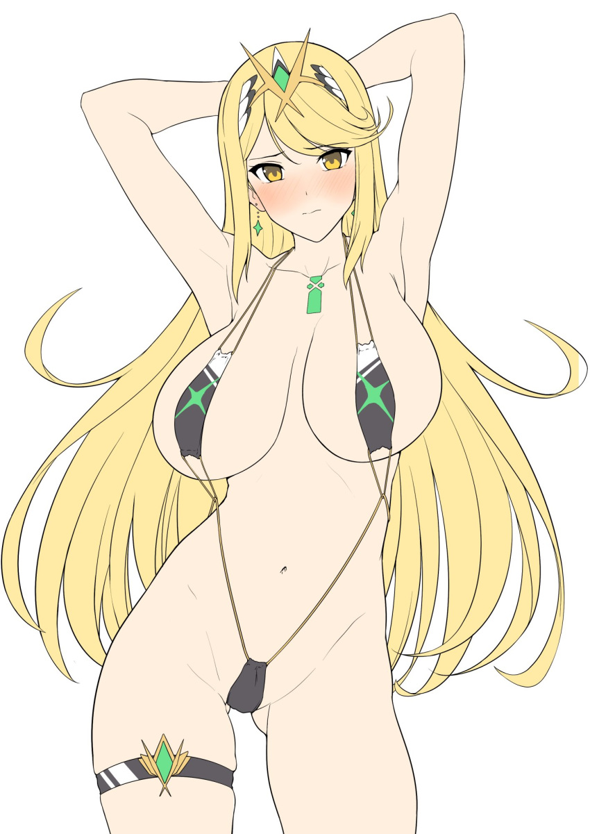 1girl armpits arms_behind_head arms_up bangs bare_shoulders bikini black_swimsuit blonde_hair blush breasts chest_jewel closed_mouth collarbone earrings gem harukon_(halcon) headpiece highres hikari_(xenoblade_2) jewelry large_breasts long_hair looking_at_viewer navel simple_background slingshot_swimsuit solo swept_bangs swimsuit thigh_strap thighs tiara white_background xenoblade_(series) xenoblade_2 yellow_eyes