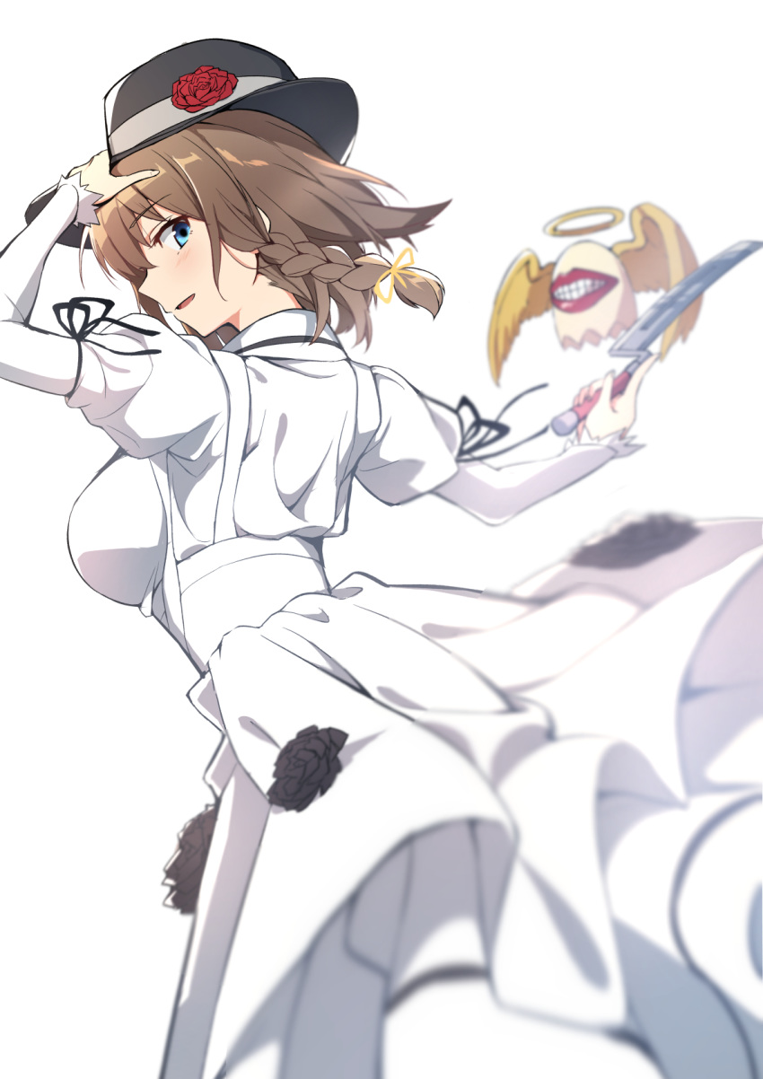 1girl braid breasts brown_hair charlotte_corday_(fate/grand_order) dress fate/grand_order fate_(series) flower from_behind hat hat_flower highres juliet_sleeves kagari_leroy knife large_breasts long_dress long_sleeves puffy_sleeves white_background white_dress