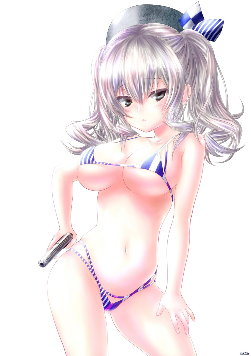 1girl bikini blue_eyes breasts cleavage commentary_request cowboy_shot day gun handgun highres kantai_collection kashima_(kantai_collection) kurimuzon large_breasts long_hair looking_at_viewer pistol sidelocks silver_hair simple_background sky solo striped striped_bikini swimsuit twintails walther walther_ppk wavy_hair weapon white_background