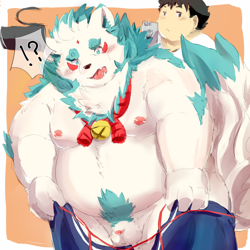 ! 1:1 2020 ? agyou anthro asian_mythology balls belly blush cute_fangs dressing duo east_asian_mythology flaccid foo_dog fur genitals hi_res human humanoid_hands japanese_mythology kemono komainu male mammal moobs mythology nipples overweight overweight_male penis simple_background small_penis tokyo_afterschool_summoners video_games white_body white_fur yuuya333 yōkai