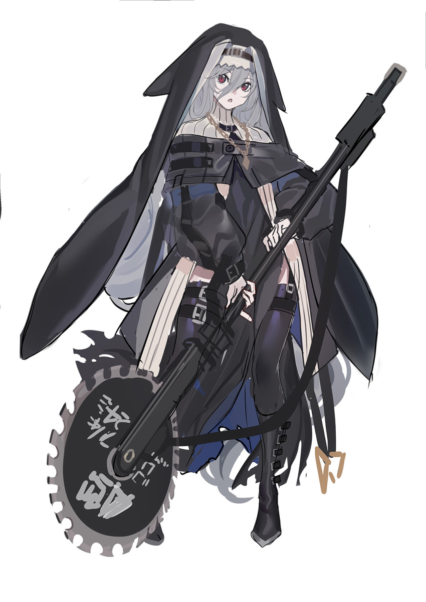 1girl arknights black_cloak black_dress black_footwear black_jacket black_legwear boots chain_necklace chainsaw circular_saw cloak commentary dress echj eyebrows_visible_through_hair full_body garter_straps habit hair_between_eyes highres jacket jewelry knee_boots long_hair looking_at_viewer necklace nun off-shoulder_jacket open_mouth pelvic_curtain red_eyes silver_hair simple_background solo specter_(arknights) standing thigh_strap thighhighs veil white_background zettai_ryouiki