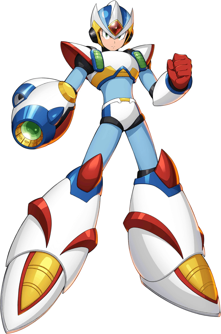 1boy android armor forehead_jewel gloves green_eyes gun helmet highres official_art orb red_gloves rockman_x_dive shoulder_armor weapon x_(rockman)