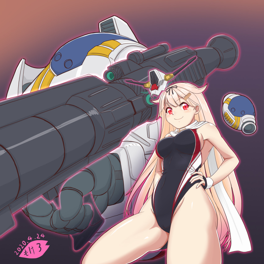 1girl black_gloves black_ribbon black_swimsuit blonde_hair commentary_request competition_swimsuit cowboy_shot fingerless_gloves gloves gradient gradient_background gundam gundam_gp-02_physalis hair_flaps hair_ornament hair_ribbon hairclip hand_on_hip highres kantai_collection long_hair looking_at_viewer mechanical_arm mokerou one-piece_swimsuit purple_background red_eyes remodel_(kantai_collection) ribbon scarf single_glove smile solo swimsuit weapon white_scarf yuudachi_(kantai_collection)