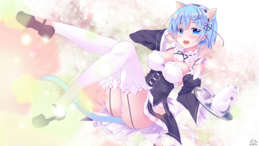 animal_ears aqua_hair blue_eyes breasts catgirl cleavage maid natsumiya_yuzu panties re:zero_kara_hajimeru_isekai_seikatsu rem_(re:zero) short_hair tail thighhighs underwear